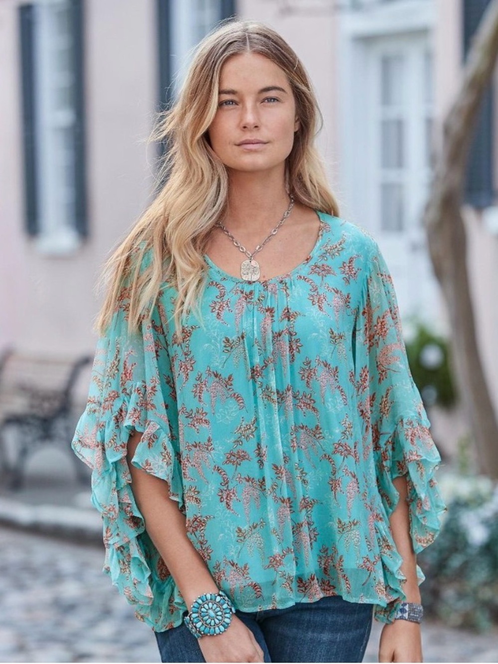 Sundance Wilde Chiffon Aqua Floral Ruffle Sleeve Boho Blouse Top Small Flowy